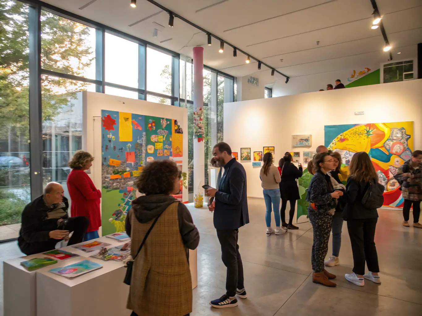 An engaging image showcasing attendees at a multidisciplinary arts event, with various art forms on display and people interacting, emphasizing the inclusive and community-focused nature of the event.