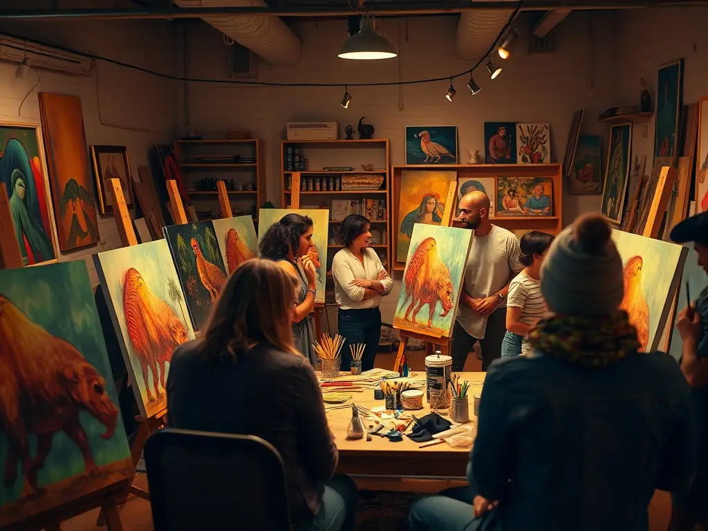 A vibrant image depicting participants actively engaged in a visual arts workshop, with paintbrushes and canvases in use, showcasing the hands-on experience and creative atmosphere of the program.