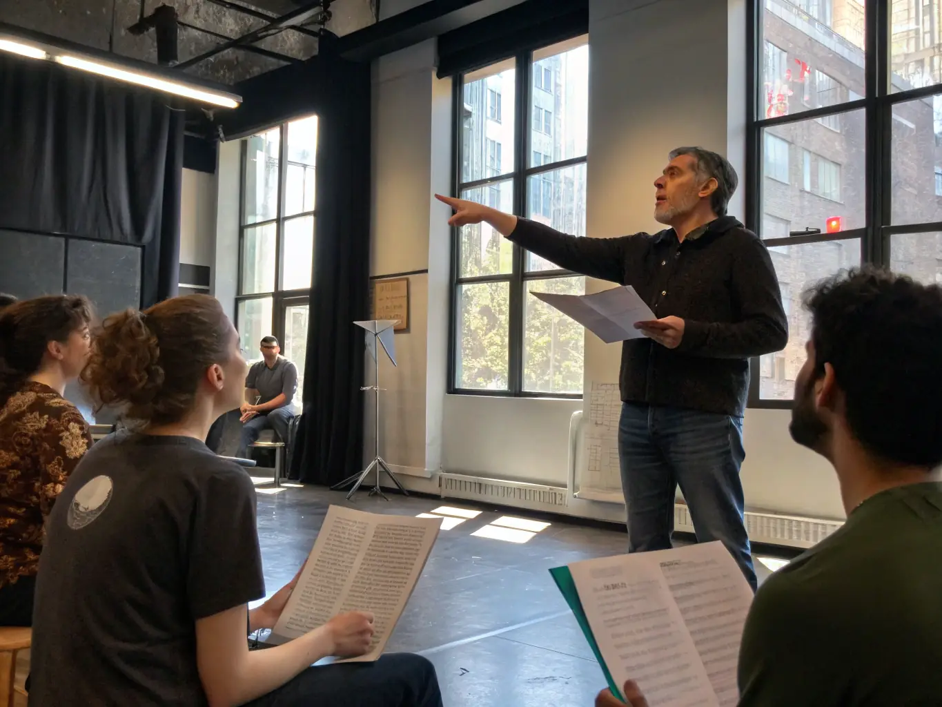 A dynamic photo capturing a performance arts training session, featuring actors rehearsing on stage with a director providing guidance.