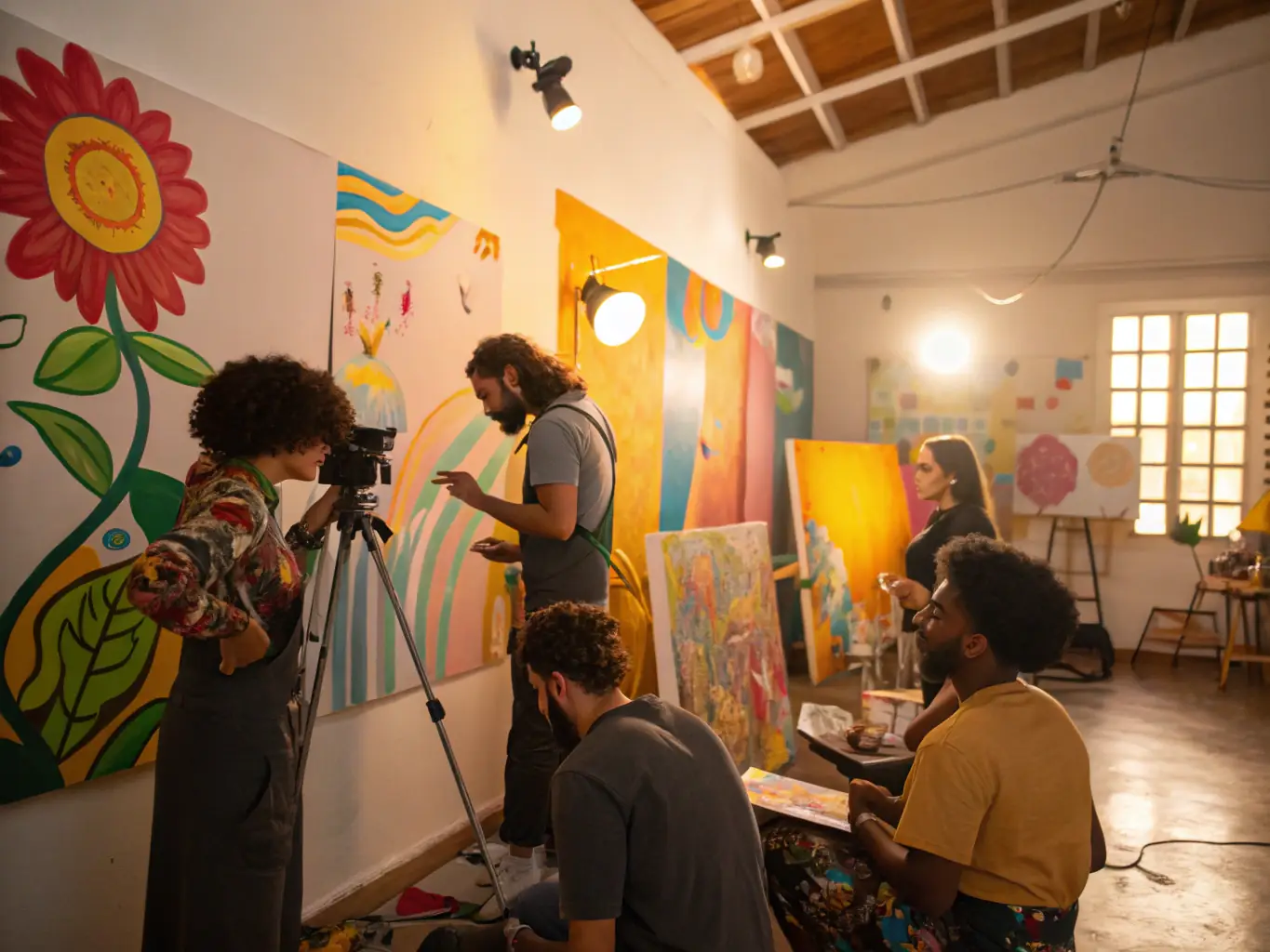An image of a vibrant workshop in progress, with artists actively engaged in creating art, surrounded by colorful materials and enthusiastic participants.