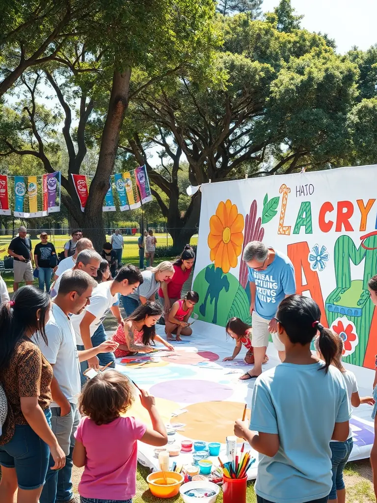 A photograph capturing a diverse group of children and adults participating in a collaborative art project during a SCENE ARTISTIQUE LES ECURIES workshop, showcasing the organization's commitment to inclusive participation and community engagement.